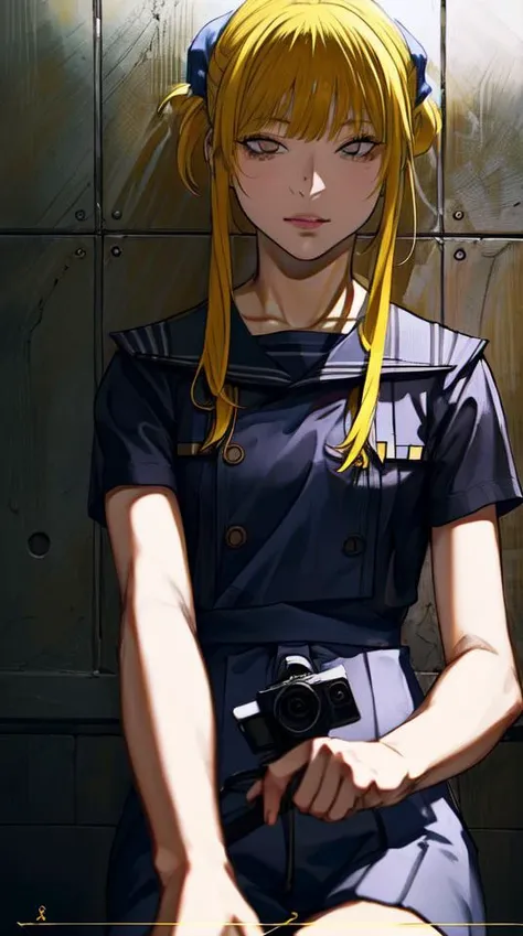 ratte867, 1girl, solo, (yellow hair:1.2), Top knot, (navy blue clothes:1.2) <lora:ratte867-LoRA:1>, masterpiece, best quality, photorealistic, realistic, (RAW photo, 8k uhd, film grain), caustics, subsurface scattering <hypernet:myhands_22k:0.75>