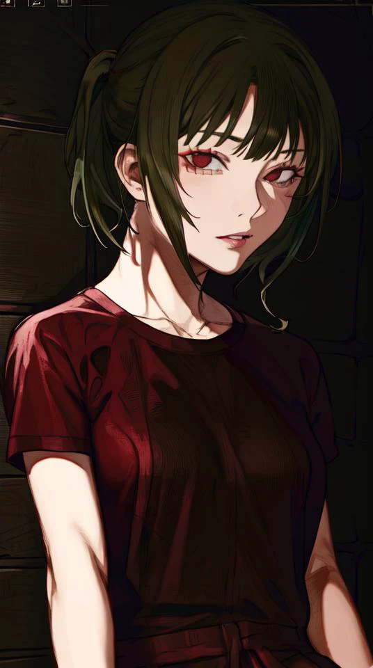 ratte867, 1girl, solo, (olive green hair:1.2), Half-up, half-down hairstyle, (dark red clothes:1.2) <lora:ratte867-LoRA:1>, masterpiece, best quality, photorealistic, realistic, (RAW photo, 8k uhd, film grain), caustics, subsurface scattering <hypernet:myhands_22k:0.75>