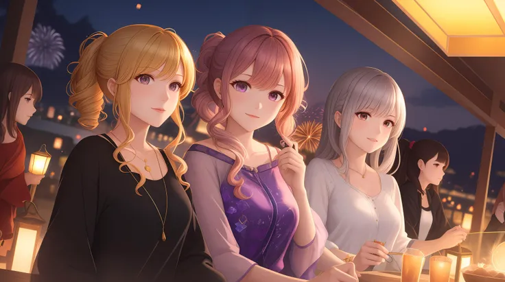 group of girls, golden details, gems, fluffy hair, silver hair straight high ponytail+long hair, curly blonde hair, {ginger hair}, purple hair low ponytail curly, clear details, night time, fireworks, casual clothes, raytracing, foreground focus, blurred background, intricate details, floating lanterns, front facing, blooming light