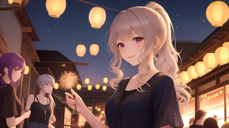 group of girls, golden details, gems, fluffy hair, silver hair straight high ponytail+long hair, curly blonde hair, {ginger hair}, purple hair low ponytail curly, clear details, night time, fireworks, casual clothes, raytracing, foreground focus, blurred background, intricate details, floating lanterns, front facing, blooming light