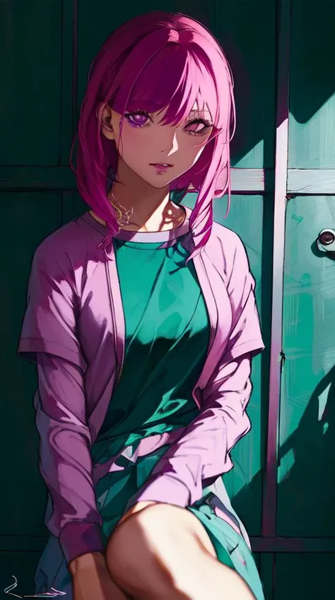 ratte867, 1girl, solo, (magenta hair:1.2), Half-up, half-down hairstyle, (teal clothes:1.2) <lora:ratte867-LoRA:1>, masterpiece, best quality, photorealistic, realistic, (RAW photo, 8k uhd, film grain), caustics, subsurface scattering <hypernet:myhands_22k:0.75>