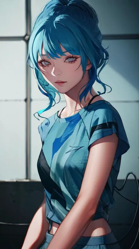 ratte867, 1girl, solo, (electric blue hair:1.2), Top knot, (light blue clothes:1.2) <lora:ratte867-LoRA:1>, masterpiece, best quality, photorealistic, realistic, (RAW photo, 8k uhd, film grain), caustics, subsurface scattering <hypernet:myhands_22k:0.75>