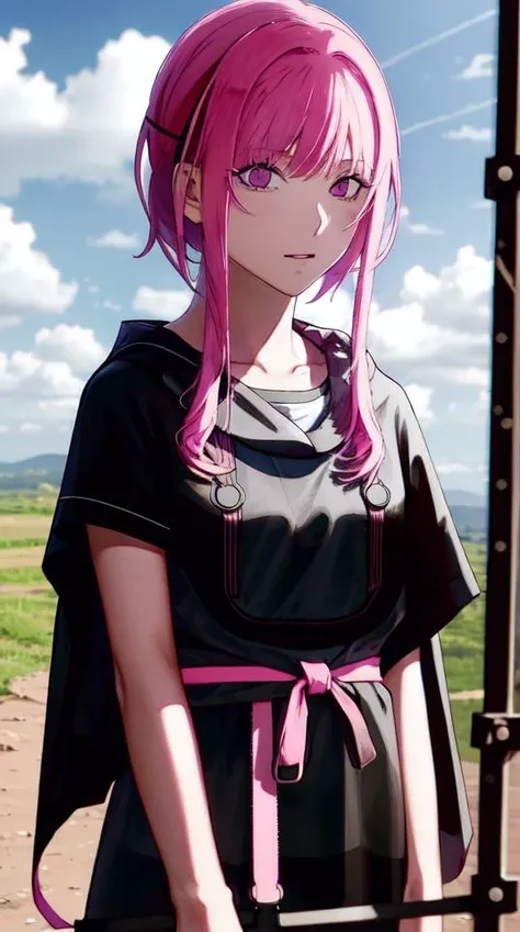 ratte867, 1girl, solo, (Hot pink hair), Wispy bangs, black clothes, poncho <lora:ratte867-LoRA:0.85>, masterpiece, best quality, photorealistic, realistic, (RAW photo, 8k uhd, film grain), caustics, subsurface scattering <hypernet:myhands_22k:0.75>