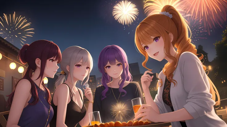 group of girls, golden details, gems, fluffy hair, silver hair straight high ponytail+long hair, curly blonde hair, {ginger hair}, purple hair low ponytail curly, clear details, night time, fireworks, casual clothes, raytracing, foreground focus, blurred background, intricate details, floating lanterns, front facing, blooming light