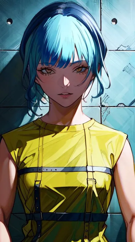 ratte867, 1girl, solo, (electric blue hair:1.2), Asymmetrical haircut, (yellow clothes:1.2) <lora:ratte867-LoRA:1>, masterpiece, best quality, photorealistic, realistic, (RAW photo, 8k uhd, film grain), caustics, subsurface scattering <hypernet:myhands_22k:0.75>