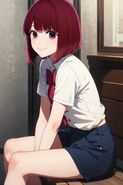 arima kana \(oshi no ko\), solo, 1girl, shorts, smile, indoors, masterpiece, best quality