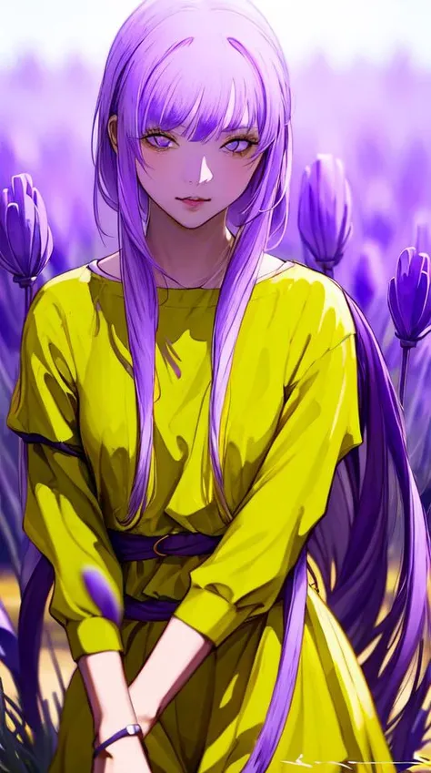 ratte867, 1girl, solo, (lavender hair:1.2), Long layers, (yellow clothes:1.2) <lora:ratte867-LoRA:1>, masterpiece, best quality, photorealistic, realistic, (RAW photo, 8k uhd, film grain), caustics, subsurface scattering <hypernet:myhands_22k:0.75>