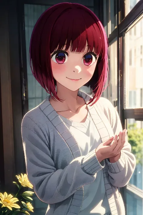arima kana \(oshi no ko\), solo, 1girl, cardigan, smile, flowers, masterpiece, best quality