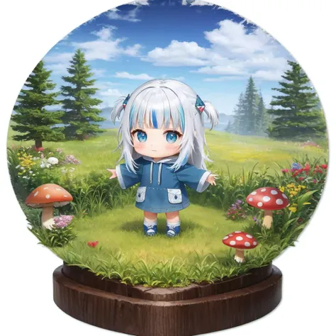 tiny gawr gura, blue hoodie, chibi, standing, mushroom, grass, flowers, big tree, miniature, diorama, heart, simple background <lora:allVtubersLora_hll31:1>