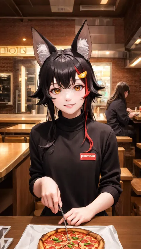 Masterpiece, best quality, close-up, (ookami mio:1.2), hololive, wolf ears, black turtleneck sweater, smiling, mouth open, happy, classic american diner, booth seating, pepperoni pizza, (red brick walls, dark wood trim, neon lights:1.2), hyperrealistic food photograph, people sitting in the background, multiple girls, multiple boys, wall decorations, looking at viewer, detailed background, depth of field, rimlighting, specular highlights, bloom, atmospheric lighting <lora:allVtubersLora_hll31:1>