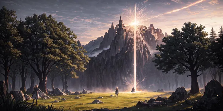 Masterpiece, best quality, 1girl, solo, (battle, large crowd), grassy plains, explosions, fire, medieval knights, swords, rocks, trees, bushes, magic spells, wide angle, lens flare, bloom, depth of field, godrays, atmospheric lighting, light shafts <lora:epiNoiseoffset_v2Pynoise:1> <lora:dmmidStyle_symmetrical:0.2>