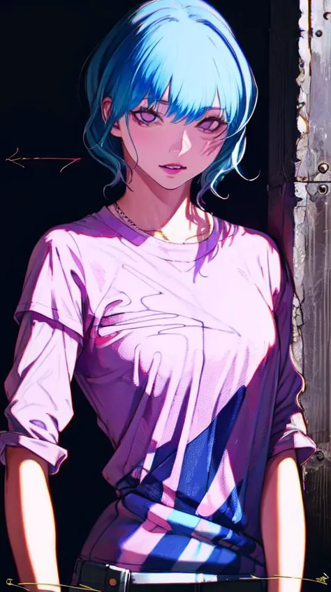 ratte867, 1girl, solo, (electric blue hair:1.2), Choppy layers, (pink clothes:1.2) <lora:ratte867-LoRA:1>, masterpiece, best quality, photorealistic, realistic, (RAW photo, 8k uhd, film grain), caustics, subsurface scattering <hypernet:myhands_22k:0.75>