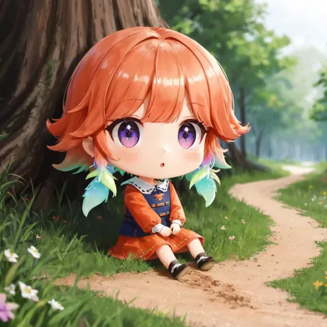 Masterpiece, best quality, (tiny takanashi kiara, chibi:1.2), hololive, purple eyes, long hair, orange hair, gradient hair, green hair, tiny human, miniature, minimized, :O, sitting, on ground, dirt path, in a medieval street, grass, trees, flowers, sunlight, detailed background, atmospheric lighting, warm lighting <lora:allVtubersLora_hll31:1>