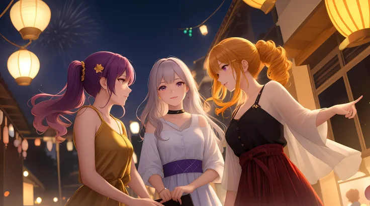 group of girls, golden details, gems, fluffy hair, silver hair straight high ponytail+long hair, curly blonde hair, {ginger hair}, purple hair low ponytail curly, clear details, night time, fireworks, casual clothes, raytracing, foreground focus, blurred background, intricate details, floating lanterns, front facing, blooming light