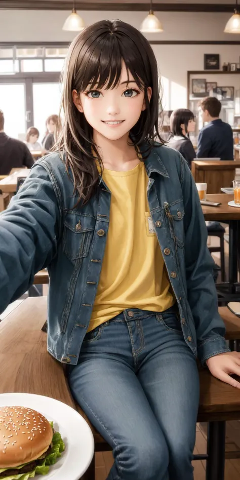 Masterpiece, best quality, (selfie), food, multiple boys, jacket, shirt, facial hair, smile, long hair, realistic, denim jacket, brown hair, blurry, burger, sitting, white shirt, black hair, blue jacket, table, beard, denim, blurry background, cup, looking at viewer, grin, french fries, long sleeves, indoors, open jacket, plate, multiple girls, open clothes, pocket, chair, yellow shirt, depth of field, drink, mustache, photo inset, short hair