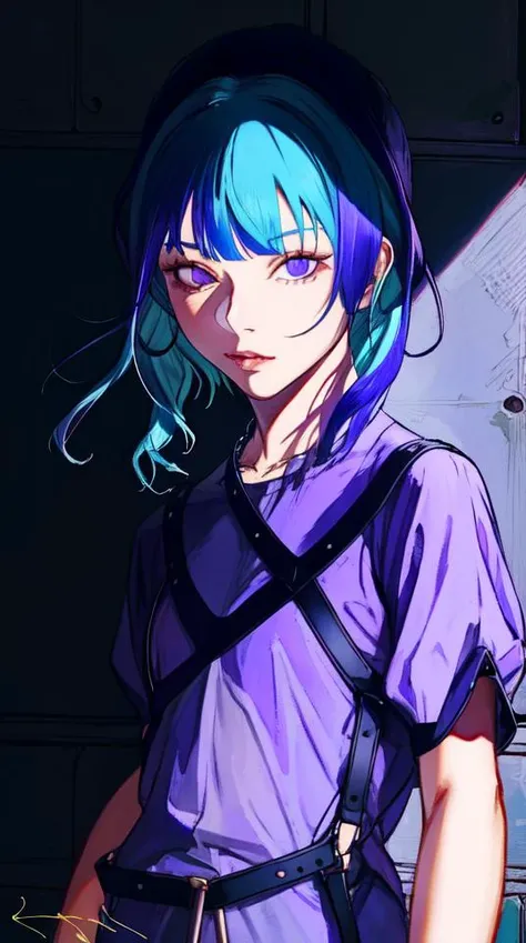 ratte867, 1girl, solo, (electric blue hair:1.2), Feathered haircut, (violet clothes:1.2) <lora:ratte867-LoRA:1>, masterpiece, best quality, photorealistic, realistic, (RAW photo, 8k uhd, film grain), caustics, subsurface scattering <hypernet:myhands_22k:0.75>