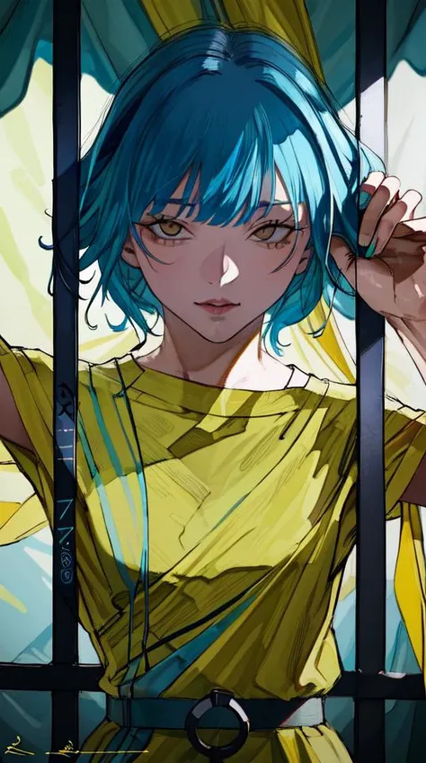 ratte867, 1girl, solo, (electric blue hair:1.2), Curtain bangs, (light yellow clothes:1.2) <lora:ratte867-LoRA:1>, masterpiece, best quality, photorealistic, realistic, (RAW photo, 8k uhd, film grain), caustics, subsurface scattering <hypernet:myhands_22k:0.75>