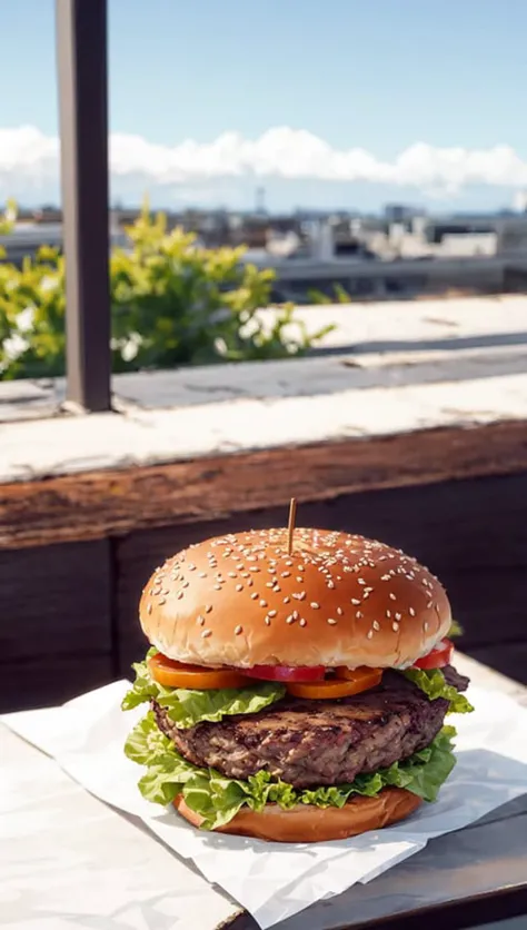 Masterpiece, best quality, delicious burger, succulent burger, restaurant background, hyperrealistic food photograph, no humans, detailed background, depth of field, rimlighting, specular highlights, bloom, atmospheric lighting