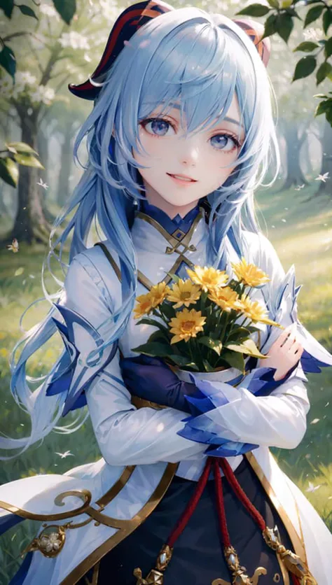 Masterpiece, best quality, 1girl, solo, ganyu \(genshin impact\), :D, mouth open, smile, closeup, headshot, 1girl, solo, forest, trees, sunlight, grass, flowers, bees, birds, hyperrealistic, detailed background, depth of field, rimlighting, specular highlights, bloom, atmospheric lighting  <lora:ganyuGenshinImpact_v10:1>