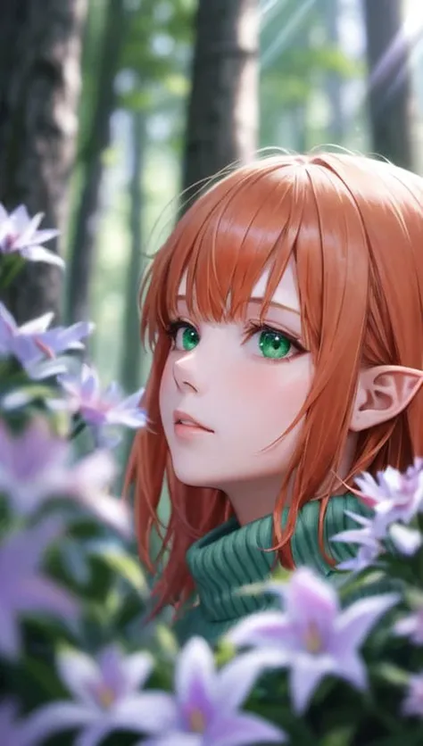 Masterpiece, best quality, 1girl, solo, orange hair, green eyes, close-up, pointy ears, green turtleneck sweater, in a forest, trees, flowers, holding a white bottle of isopropanol, detailed background, depth of field, rimlighting, specular highlights, bloom, atmospheric lighting, (colorful, vivid, sunlight, warm lighting:1.2) <lora:allVtubersLora_hll31:1>