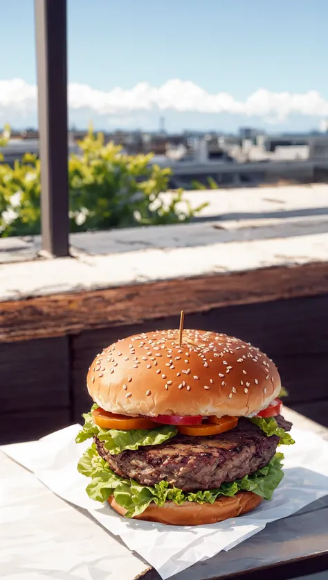 Masterpiece, best quality, delicious burger, succulent burger, restaurant background, hyperrealistic food photograph, no humans, detailed background, depth of field, rimlighting, specular highlights, bloom, atmospheric lighting