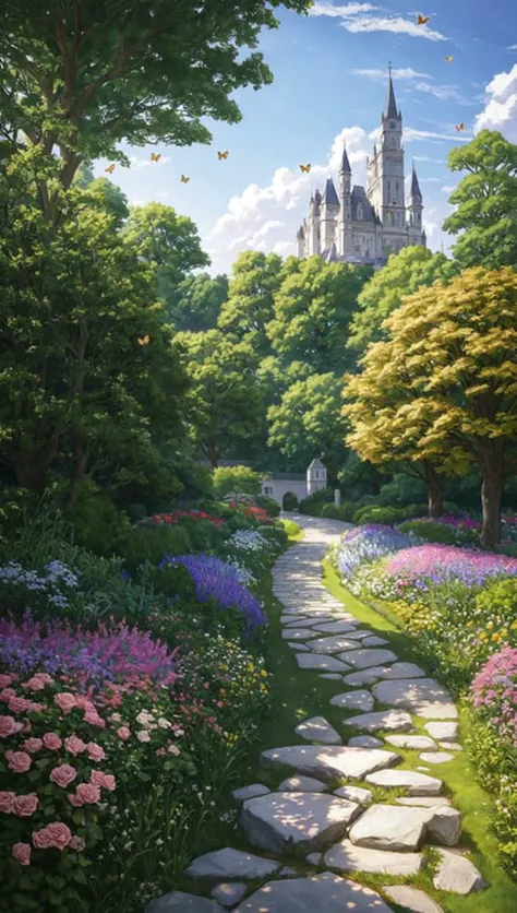 Masterpiece, best quality, no humans, castle garden, trees, summer, flowers, bushes, roses, clouds, sky, stone path, big tree, bees, butterflies, hyperrealistic, detailed background, depth of field, rimlighting, specular highlights, bloom, atmospheric lighting