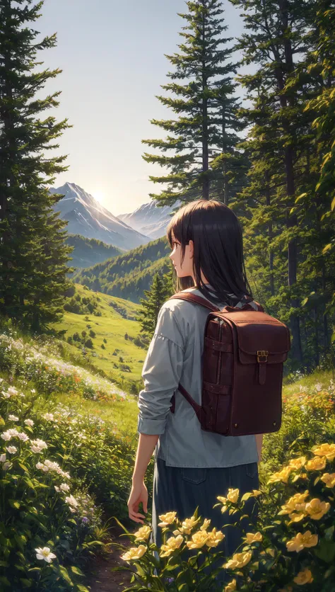 Masterpiece, best quality, 1girl, solo, from behind, backpack, adventurer clothes, day, forest, trees, flowers, bushes, sunlight, mountainous horizon, sky, warm lighting, hyperrealistic, detailed background, depth of field, rimlighting, specular highlights, bloom, atmospheric lighting