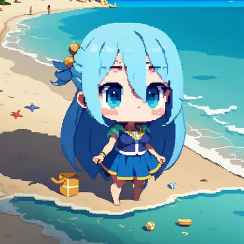 masterpiece, best quality , highly detailed ,   <lora:pixel:0.7> , (pixelart) ,  <lora:AquaKonoSuba:0.7> , AquaKnsb , skirt , blue hair , (beach background:1.2) , (chibi:1.2)