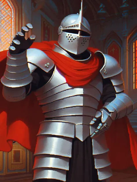 score_9, score_8_up, score_7_up, pixelart,pixel, high quality, extremely detailed, cinematic, depth lighting,
medieval knight, steel armored knight, solo, noble pose, red cape, human, majestic, brave, close up, reflective armor,
dark castle background, indoors, <lora:pixel:1>
