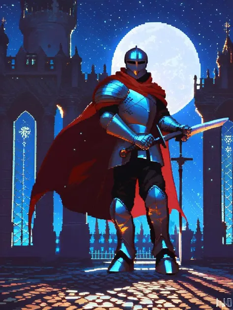 score_9, score_8_up, score_7_up, pixelart,pixel, rating_safe, high quality,
medieval knight, steel armored knight, solo, cinematic, noble pose, red cape, holding steel sword, human, majestic, brave, depth lighting,
castle background, night sky, full moon, <lora:pixel:1>