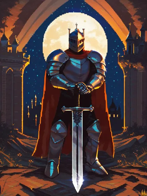 score_9, score_8_up, score_7_up, pixelart,pixel, rating_safe, high quality,
medieval knight, steel armored knight, solo, cinematic, noble pose, red cape, holding steel sword, human, majestic, brave, depth lighting,
castle background, night sky, full moon, <lora:pixel:1>