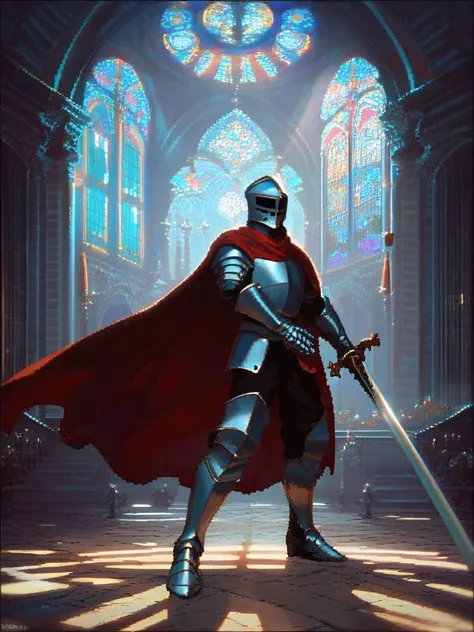 score_9, score_8_up, score_7_up, pixelart,pixel, high quality,
medieval knight, steel armored knight, solo, cinematic, noble pose, red cape, holding steel sword, human, majestic, brave, depth lighting,
dark cathedral church background, indoors, chandelier, <lora:pixel:1>