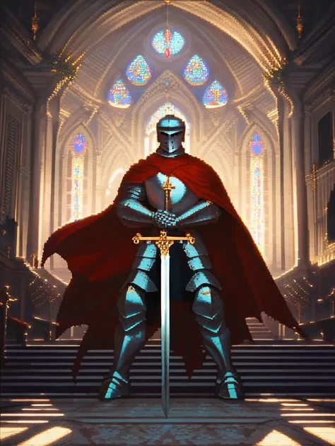 score_9, score_8_up, score_7_up, pixelart,pixel, high quality, extremely detailed,
medieval knight, steel armored knight, solo, cinematic, noble pose, red cape, holding steel sword, human, majestic, brave, depth lighting,
dark cathedral church background, indoors, chandelier, <lora:pixel:1>