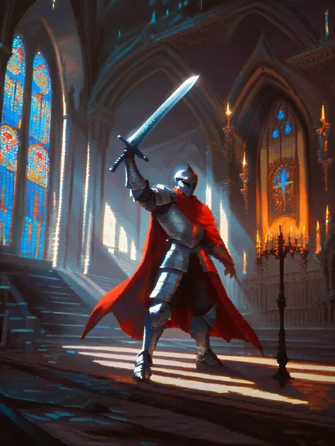 score_9, score_8_up, score_7_up, pixelart,pixel, high quality,
medieval knight, steel armored knight, solo, cinematic, noble pose, red cape, holding steel sword, human, majestic, brave, depth lighting,
cathedral church background, indoors, torch on wall, <lora:pixel:1>