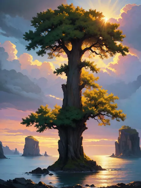 pixelart <lora:pixelartV3:0@.2,.4@.5>, romanticism art by Andreas Achenbach, landscape art, Painting, Cosplay Photograph, Photograph, landscape of a The canvas is alive with vibrant hues of green, brown, and blue as the sun begins to set. In the distance, a towering oak tree stands tall, its branches reaching towards the sky. Its trunk is thick and sturdy, at Dusk, Romantic landscape painting, dramatic seascapes, atmospheric effects, sublime nature, luminous skies, realism with emotional depth, ambient light, complex, sublime, highly intricate, modified