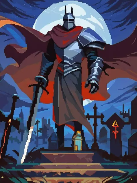score_9, score_8_up, score_7_up, pixelart,pixel, rating_safe,
gothic era knight, steel armor, cinematic, noble pose, red cape, raising steel sword, gripping steel sword, male, knight on horse back,
graveyard background, foggy, night sky, full moon, <lora:pixel:1>
