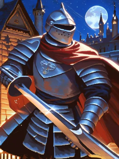 score_9, score_8_up, score_7_up, pixelart,pixel, rating_safe,
medieval knight, steel armored knight, solo, cinematic, noble pose, red cape, holding steel sword, 5 digits, male,
castle background, night sky, full moon, <lora:pixel:1>