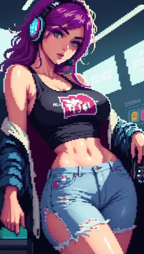 (pixelart:1.2), beautiful cyberpunk women,sexy gamer girl,wearing a headset,designer tank top with logos,jeans, cool sports jacket,long wild hair dyed multi colours,<lora:pixel:0.8>