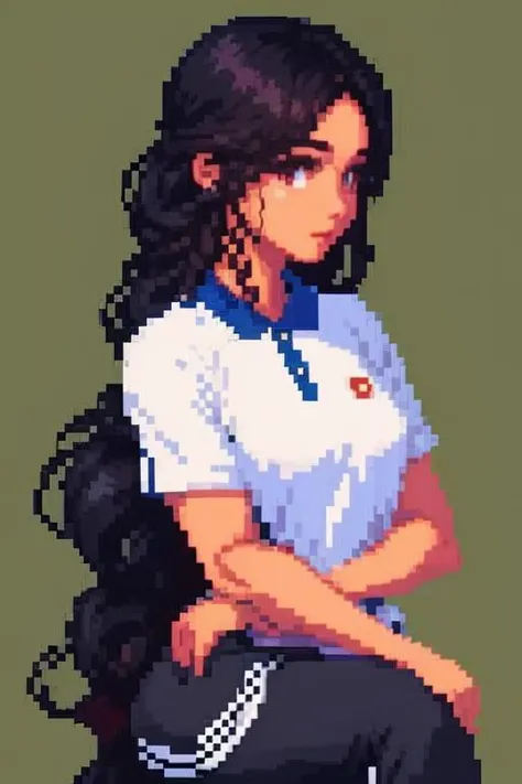 <lora:pixel:0.85>((pixelart)) 1girl, solo, black braid hair, simple background, black background, portrait
blush,, (black long hair:1.3)polo shirt, pant, sport shoes, (stu_chinese), <lora:stu_chinese:0.8>