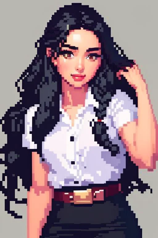 <lora:pixel:0.85>((pixelart)) 1girl, solo, black braid hair, simple background, black background, portrait
blush,, (black long hair:1.3),(white short-sleeves shirt), (black pencil skirt), belt ,(mahalaiuniform) <lora:mahalaiuniform:0.7>