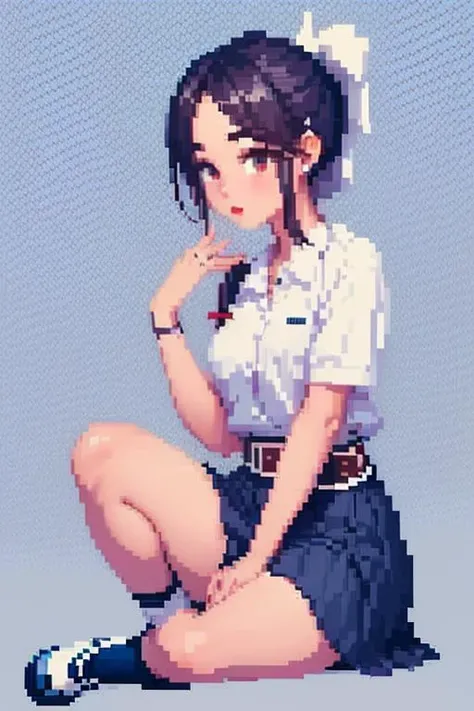 <lora:pixel:0.85>((pixelart))  1girl, solo, black braid hair,  simple background,  black background, portrait
blush,, (black ponytail hair:1.3),white short-sleeves shirt, navy blue plated skirt, belt, white socks, black shoes, (stu_mplai), <lora:stu_mplai_v3:0.8>