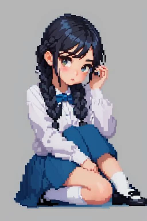 <lora:pixel:0.85>((pixelart)) 1girl, solo, black braid hair, simple background, black background, portrait
blush,, (black double braids hair:1.3), white long sleeve shirt, white bowtie, navy blue plated skirt, white socks, (black shoes), (stu_mton), <lora:stu_mton:0.8>