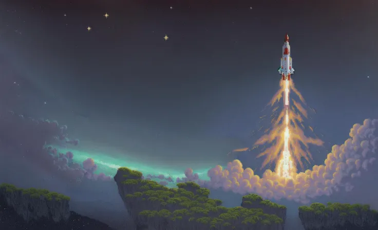 ((pixelart:1.2)), ((rocket leaves the planet)), (star:0.8), nebula, <lora:pixel:1>, masterpiece, <lora:planet_LoRa_v1:0.3>
