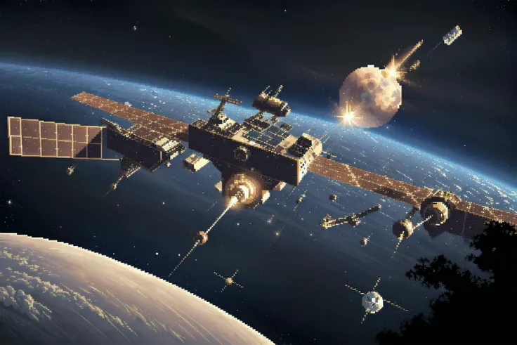 ((pixelart:1.3)), space station in ((space)), <lora:pixel:1>, masterpiece, <lora:planet_LoRa_v1:0.5>