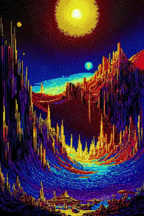((pixelart:1.2)), Alien planet in space, cosmic, elegant intricate digital painting, <lora:add_detail (1):0.8>, <lora:pixel:1>, masterpiece,