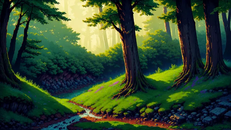 (((pixelart))), A tranquil forest clearing: An illustration of a tranquil forest clearing with towering trees and a babbling brook in the distance. The sun is shining through the trees, casting dappled shadows on the forest floor, Baroque, Ray Traced Shadows, Light Pollution, <lora:epi_noiseoffset2:0.4>, <lora:add_detail:1> <lora:ghibli_style_offset:0.5> <lora:pixel:0.75> <lora:pixel_art:0.75>