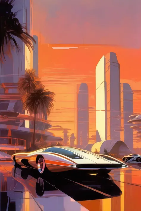 <lora:Syd Mead Style:1>Syd Mead Style - a supercar designed by syd mead, city landscape, sunset, paint drawing in syd mead style