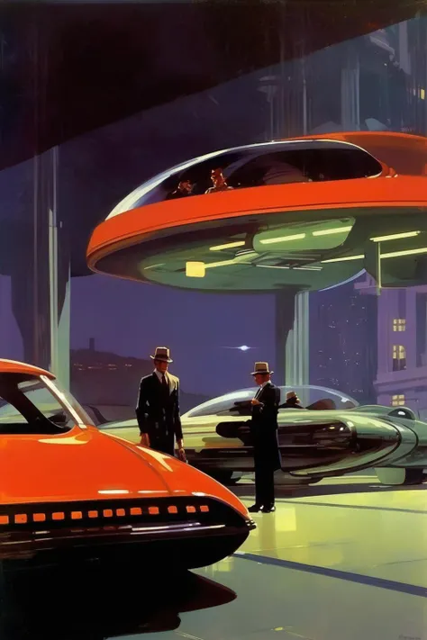 <lora:Syd Mead Style:1>Syd Mead Style - Let's say Syd Mead painted a painting called Night Hawks by Edward Hopper.