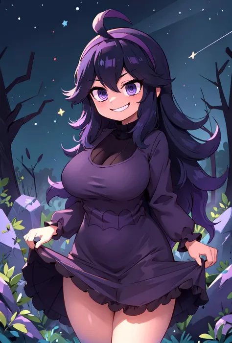 masterpiece, best quality, 1girl, grin, smirk, aahex, hex maniac \(pokemon\), long hair, ahoge, purple hairband, purple eyes, @_@, large breasts, black dress, long sleeves, skirt lift, dress lift, (curvy:1.1), horror, starry sky, darkness, <lora:hex_maniac_v1:0.7>