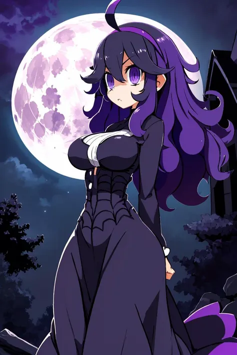 <lora:Harada_Takehito_v2_Repeats5:0.8>,masterpiece, best quality, highres, aahex, hex maniac \(pokemon\), long hair, ahoge, purple hairband, purple eyes, @_@, large breasts, long dress, black dress, long sleeves, <lora:hex_maniac_v1:0.7>, arms behind back, outdoors, full moon,